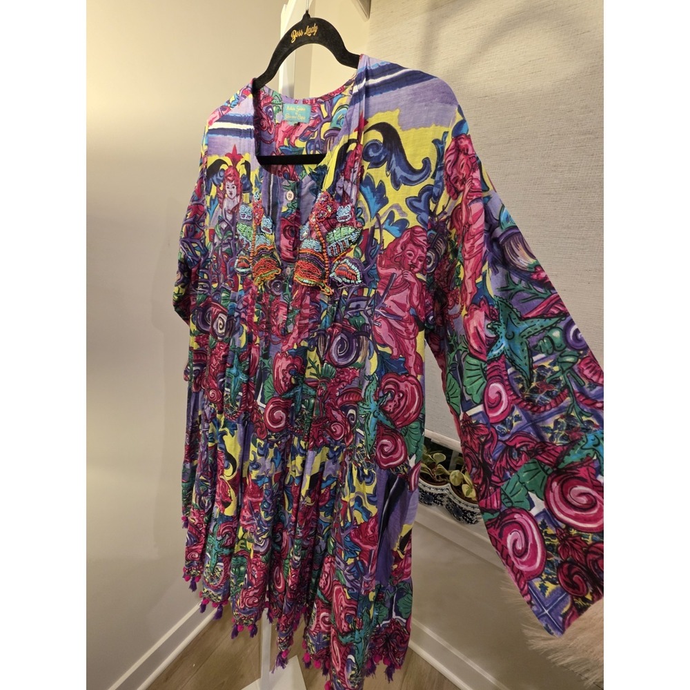 ANTICA SARTORIA NWT PURPLE PINK & YELLOW CHERUB PRINT SHORT DRESS OS Resort - Picture 5 of 16